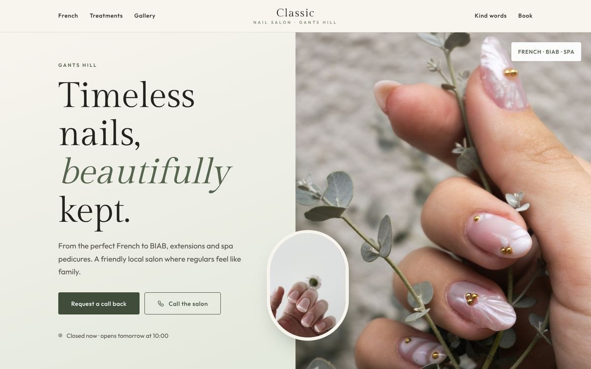 Classic Nail Salon website on desktop