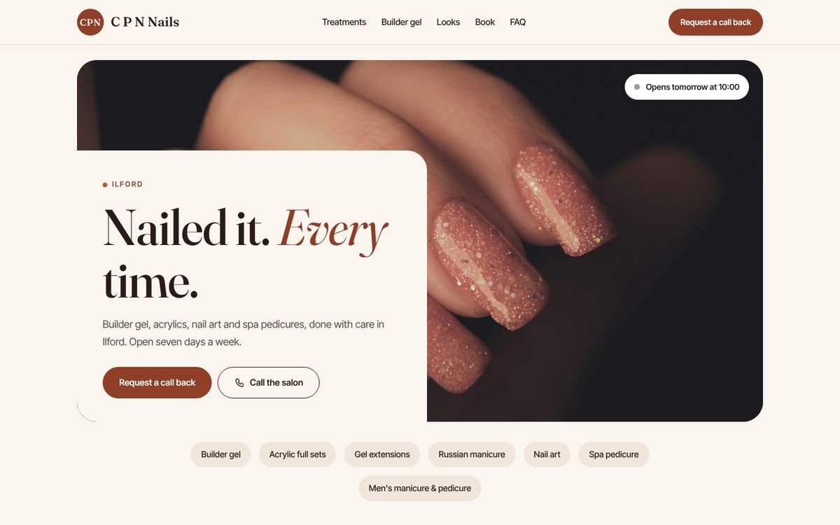 C P N Nails website on desktop
