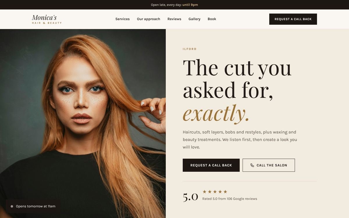 Monica's Hair & Beauty website on desktop