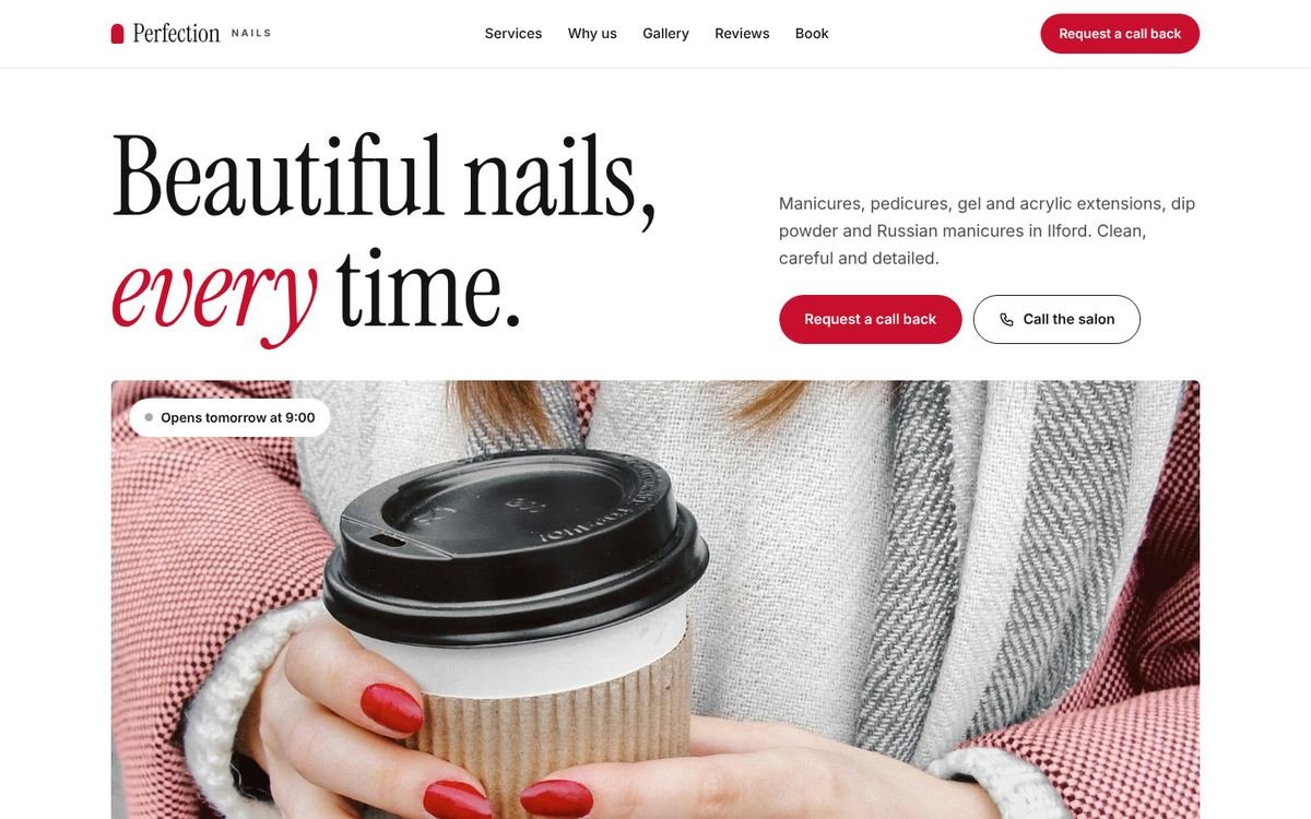 Perfection Nail Salon website on desktop