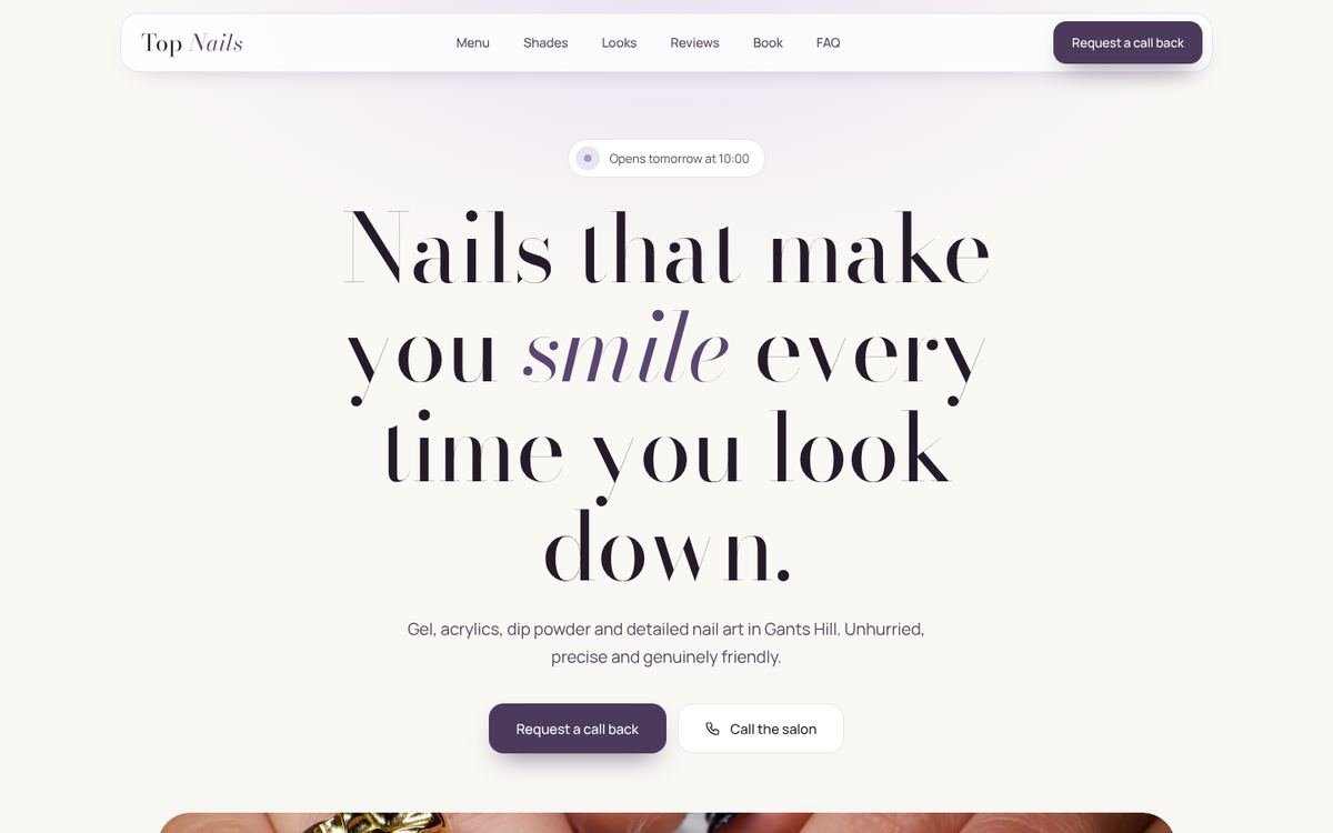 Top Nails website on desktop