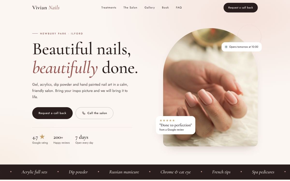 Vivian Nails website on desktop