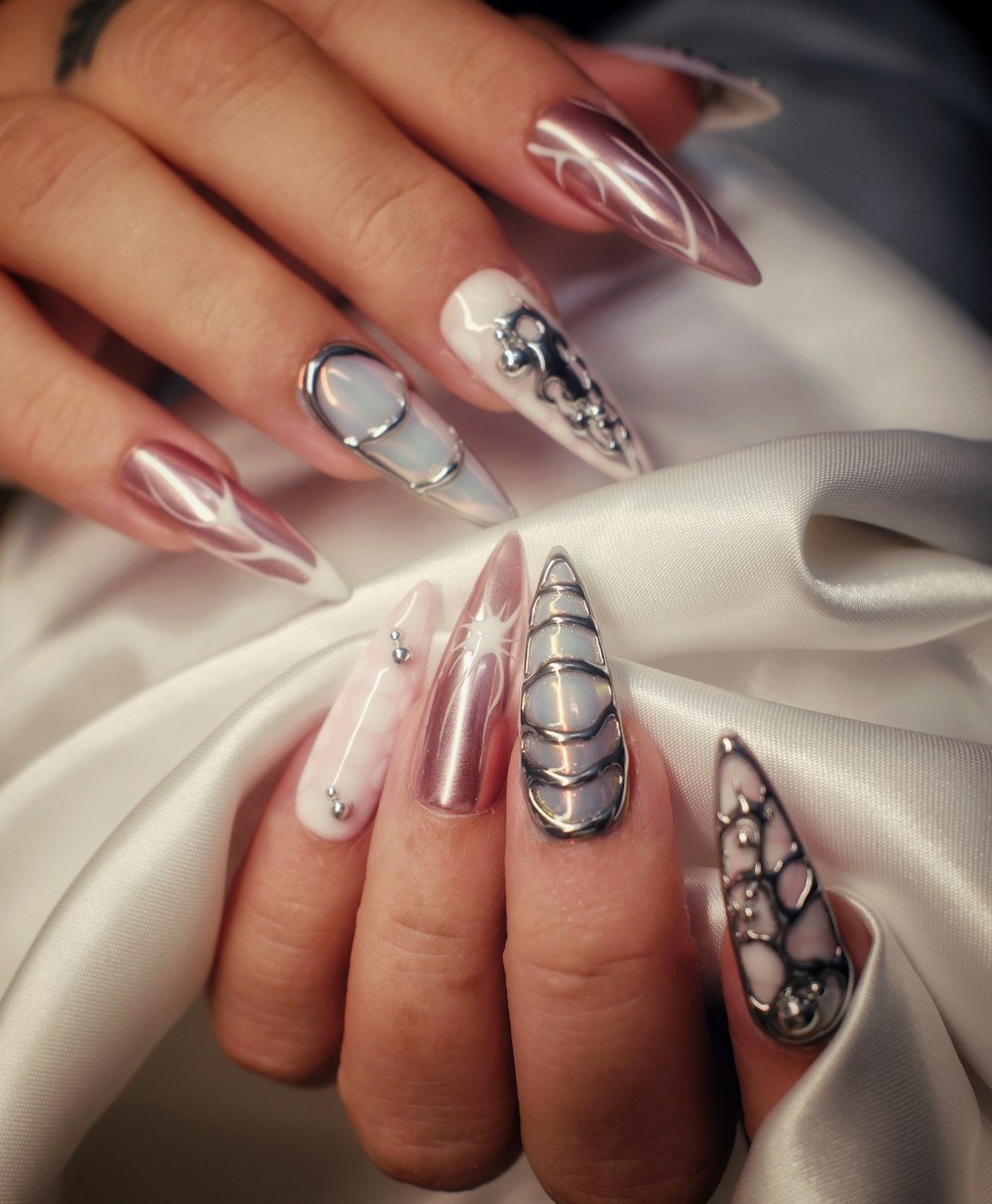 Metallic, jewelled stiletto nails