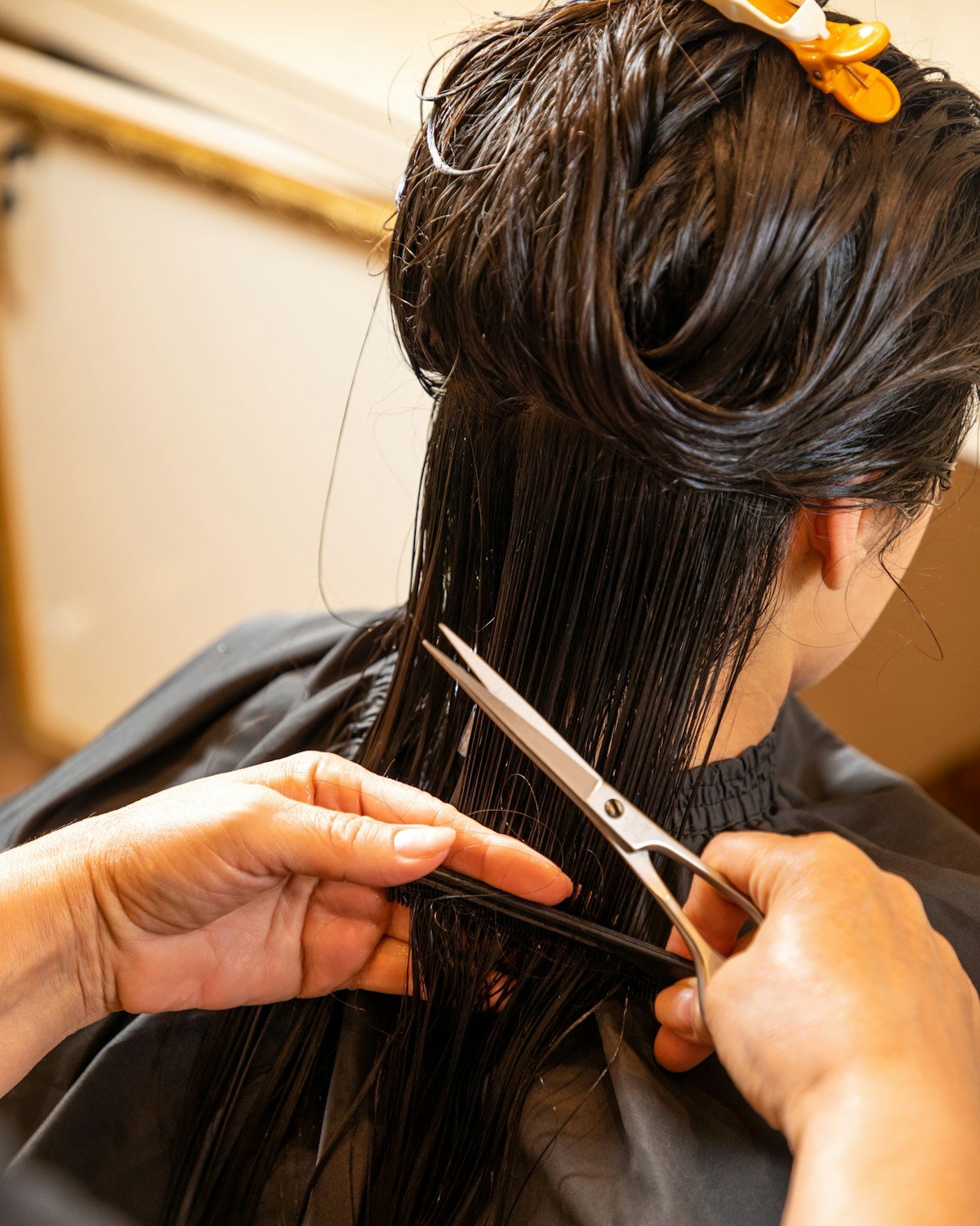 Stylist cutting a client's long hair with scissors