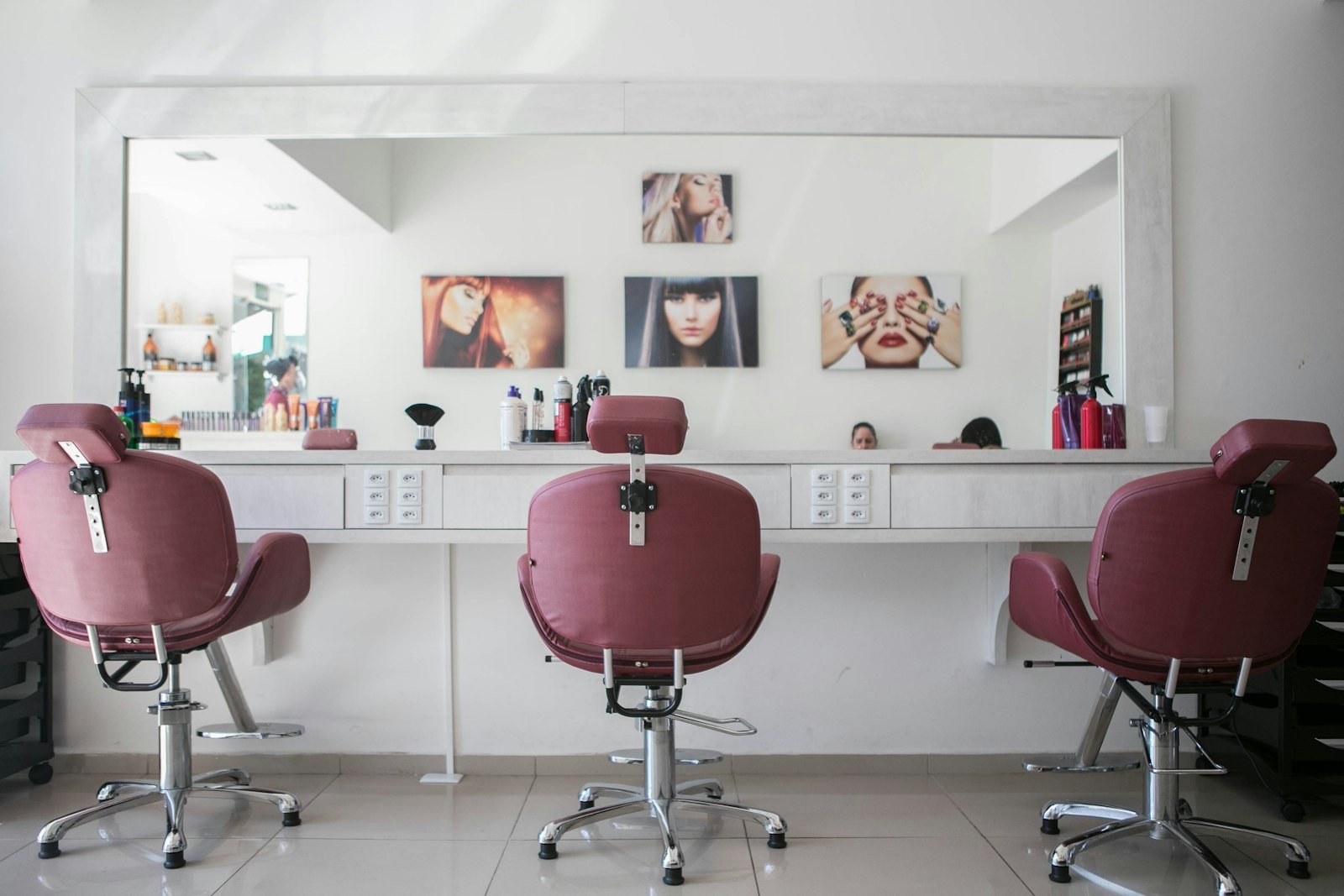 Salon interior with pink chairs