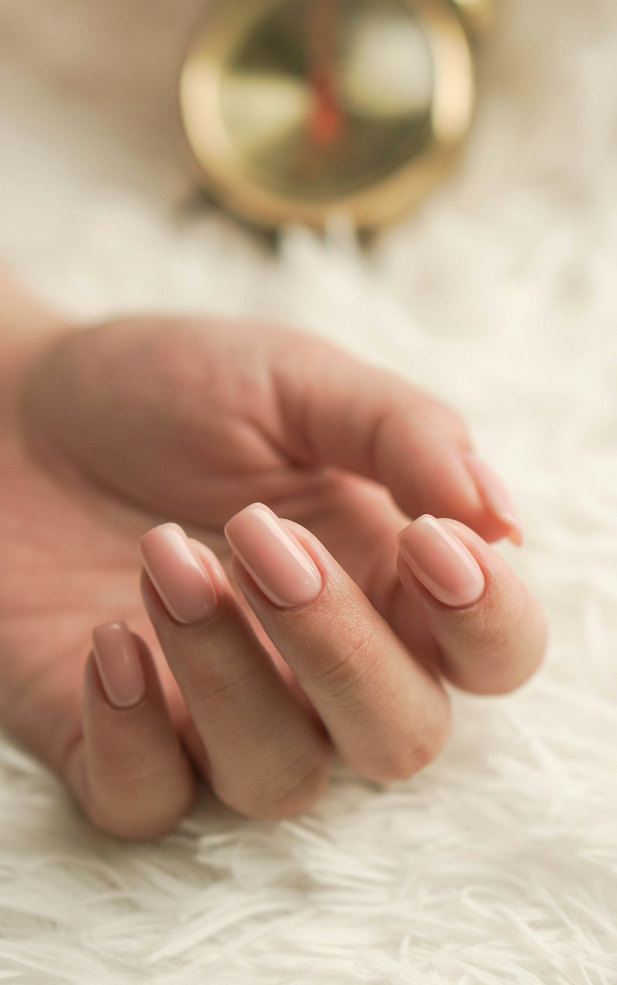 Hand with light pink manicured nails resting on soft white fur